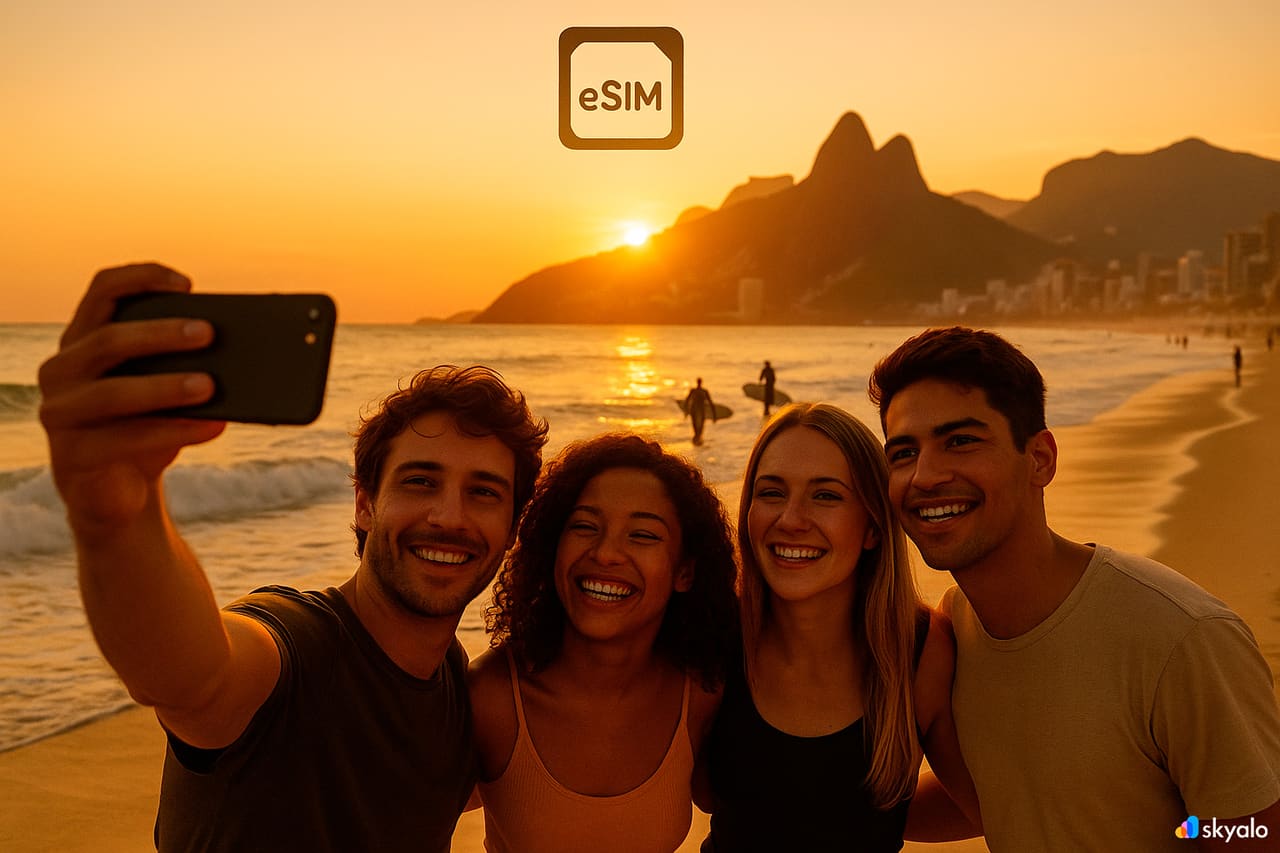 Ipanema Plajı’nda grup fotoğrafı çeken arkadaşlar, Skyalo eSIM ile bağlantıda kalıyor