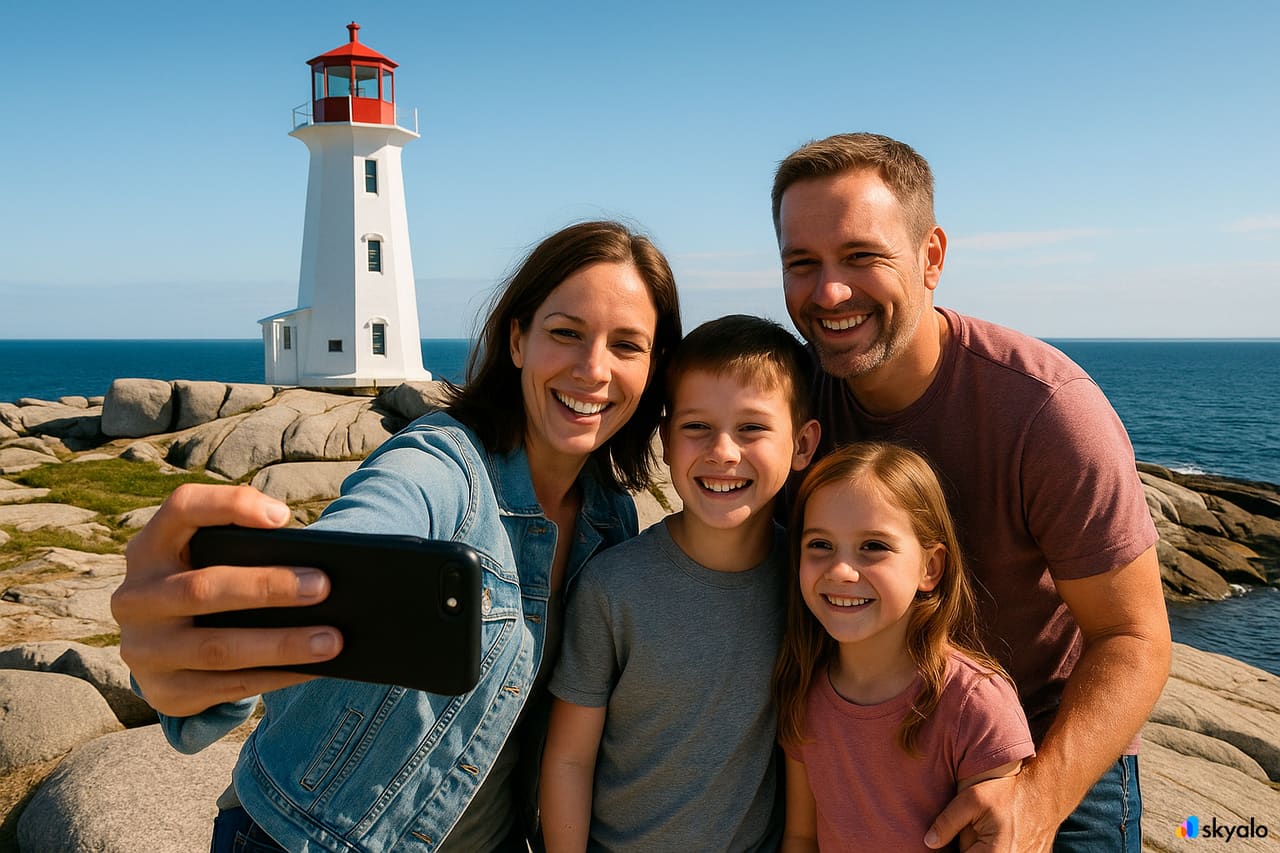 Famiglia che scatta una foto a Peggy’s Cove; faro bianco, rocce di granito e cieli blu sull’Atlantico