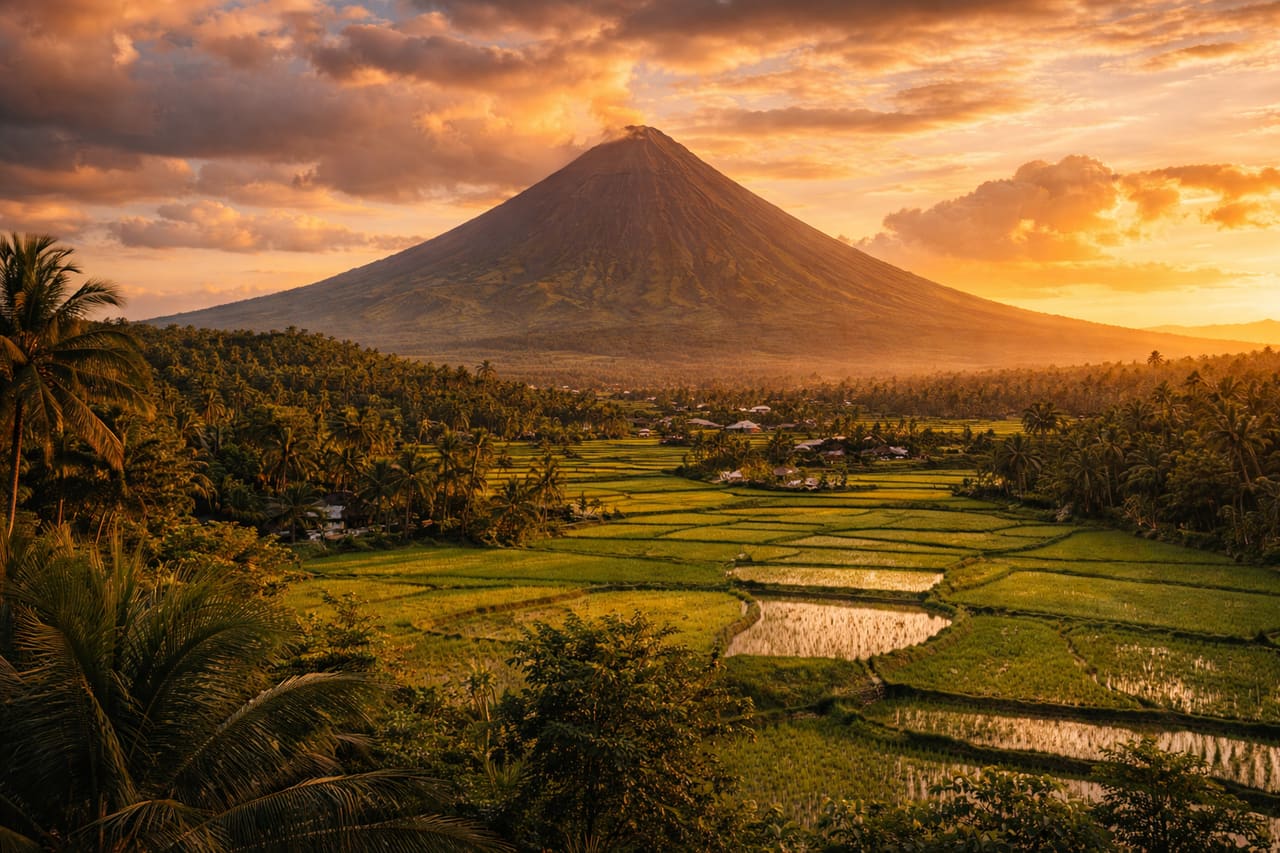 Il vulcano Mayon dalla forma conica tra i campi verdi dell’isola di Luzon.