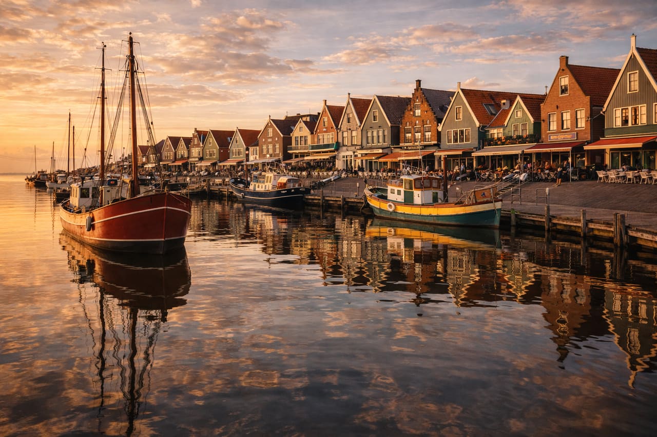 Il porto peschereccio di Volendam con case tradizionali