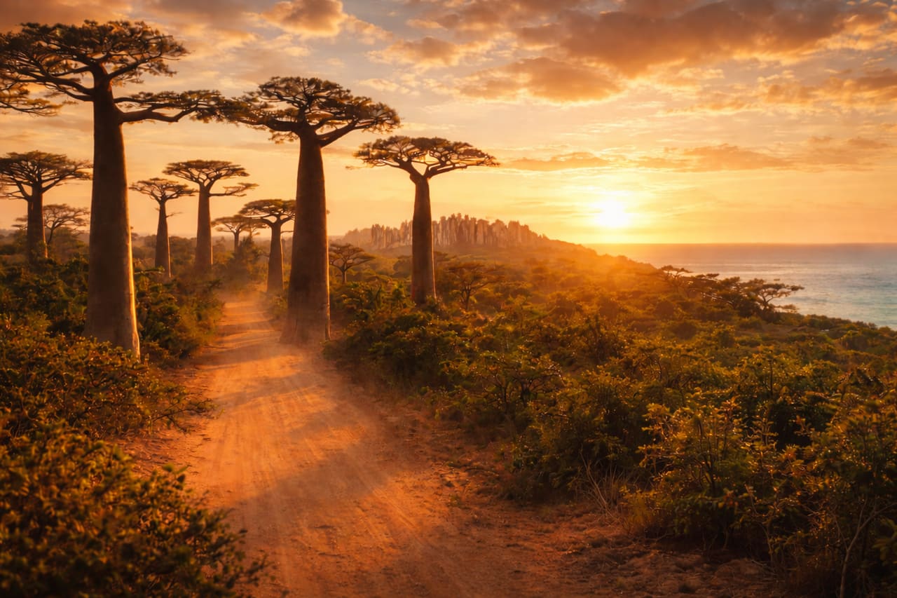 Viale dei Baobab al tramonto in Madagascar