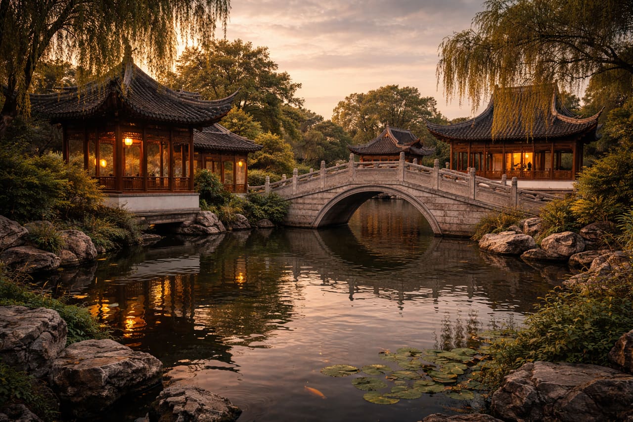 Un giardino classico di Suzhou con ponti e padiglioni