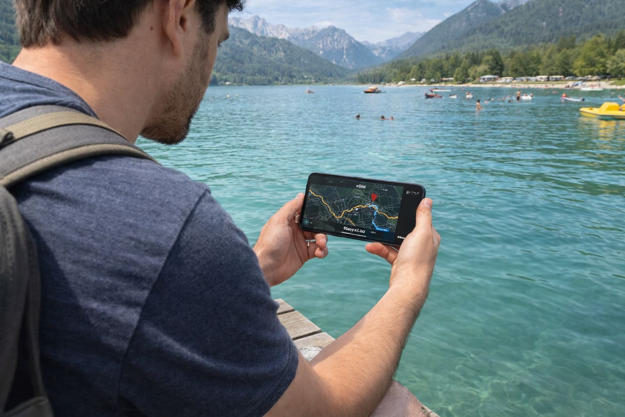 Itinerario trekking nel Salzkammergut su smartphone con eSIM per viaggiare in Austria