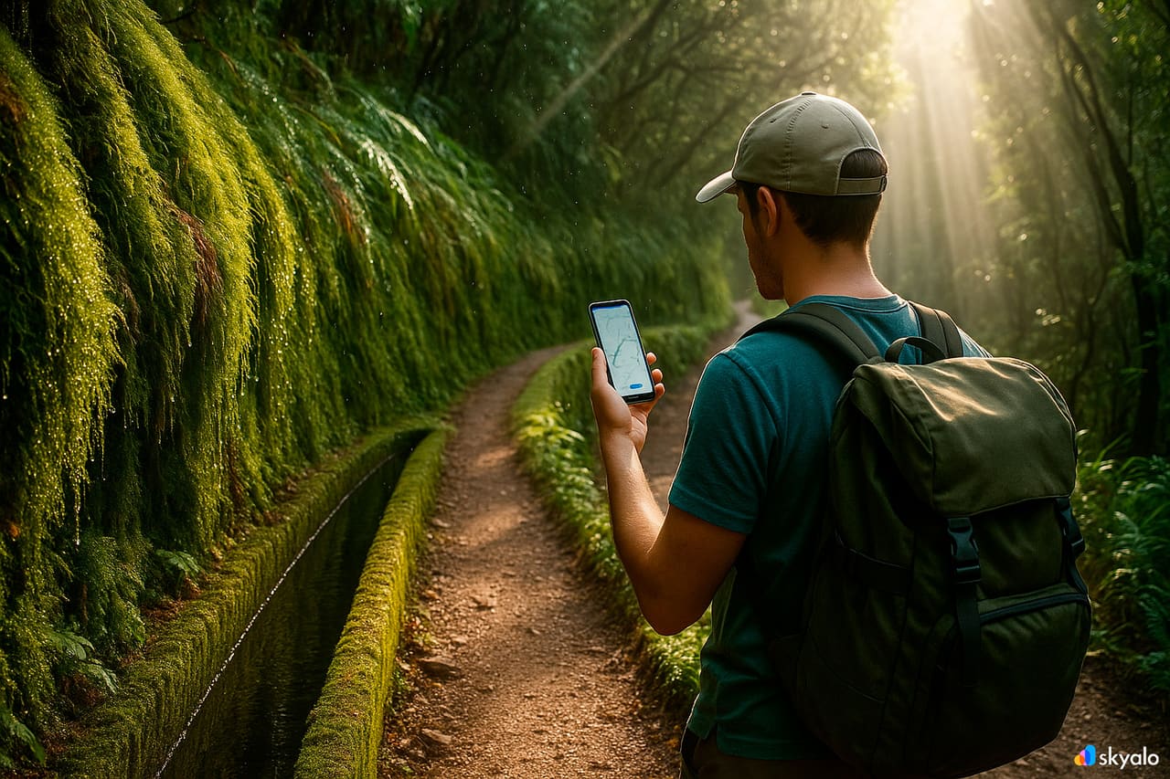 Viaggiatore che percorre una levada a Madeira; controllo del percorso in qualsiasi momento con eSIM Skyalo