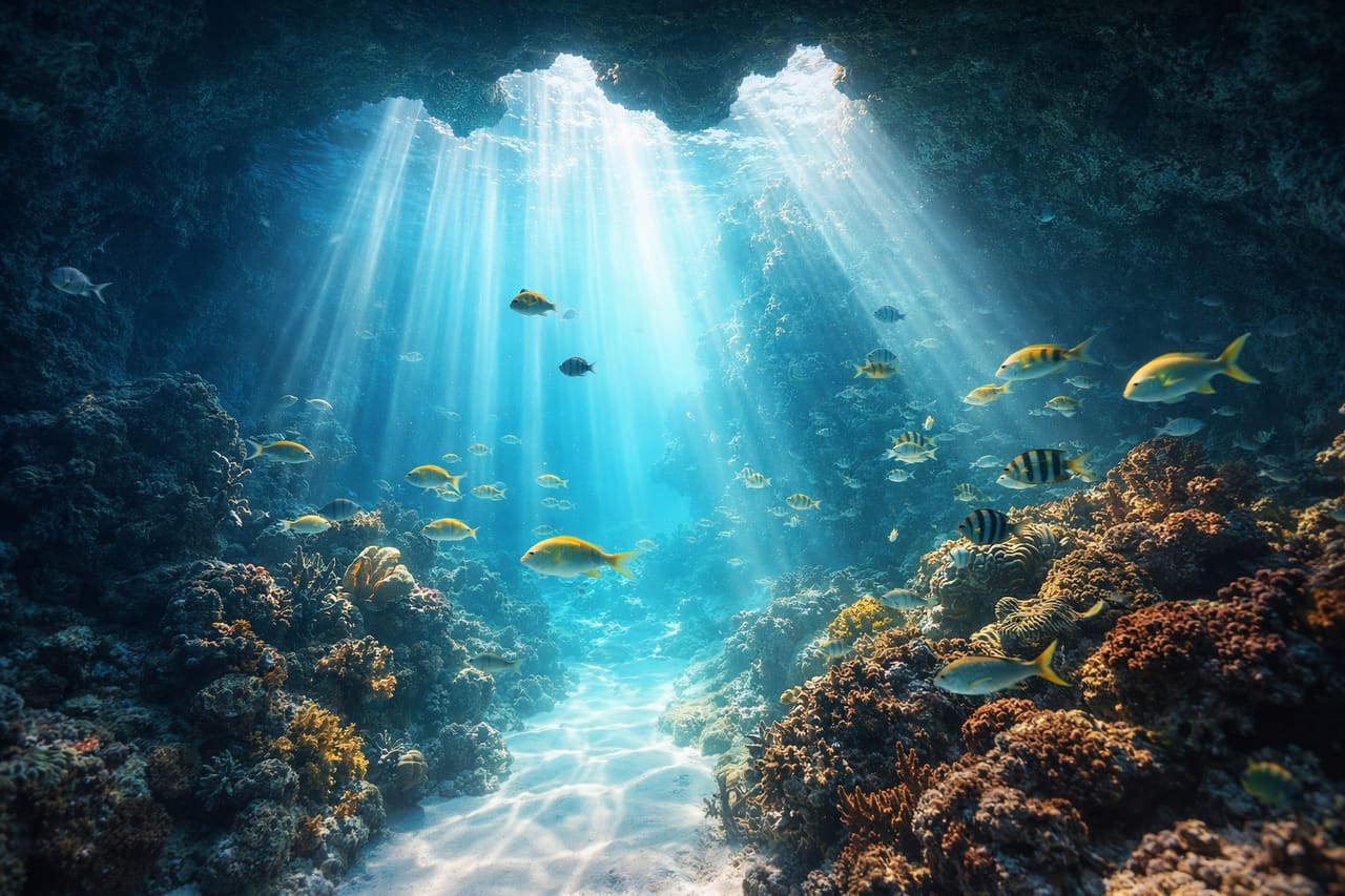 Il mondo sottomarino della grotta marina Thunderball Grotto alle Bahamas.