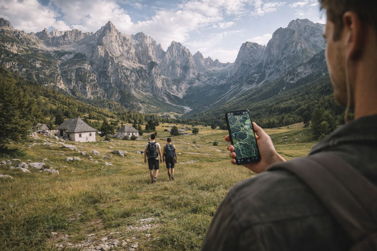 Sentiero di montagna nelle Alpi Albanesi con vista panoramica