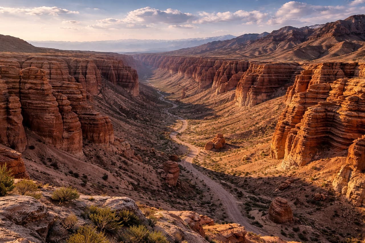 Canyon di Charyn con pareti rocciose rosse in Kazakistan