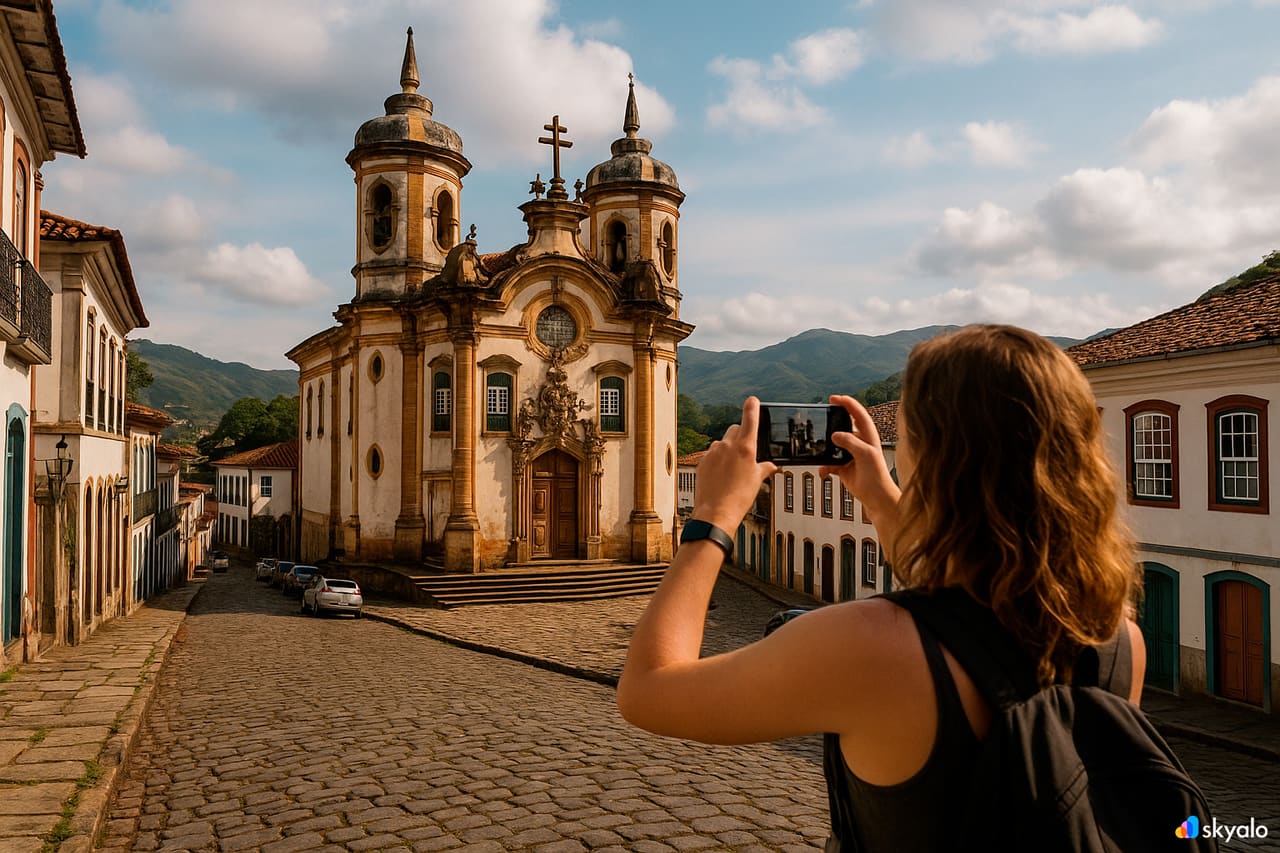 Ouro Preto’da barok bir kiliseyi fotoğraflayan turist; arnavut kaldırımlı sokaklar ve eski evler görünür