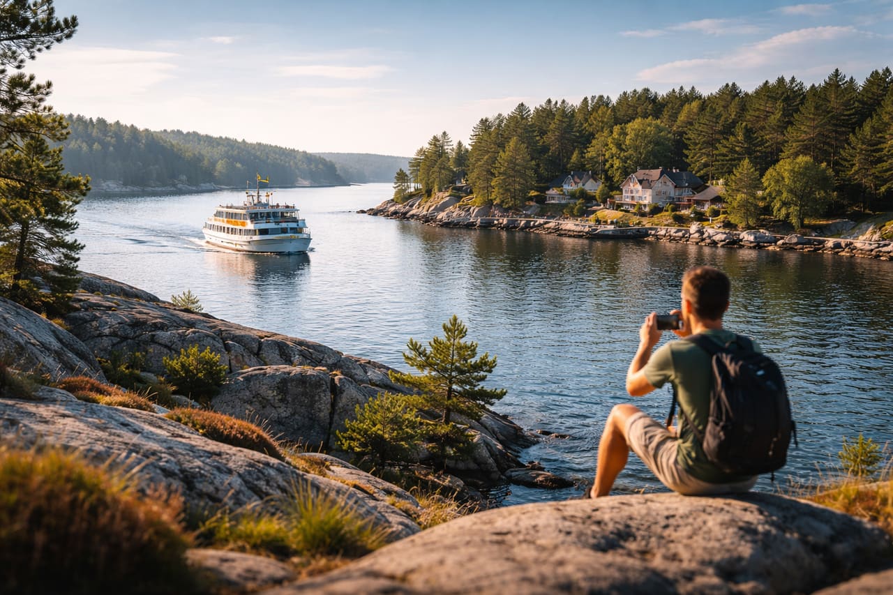 Costa rocciosa dell’arcipelago di Stoccolma e un turista fotografa il paesaggio