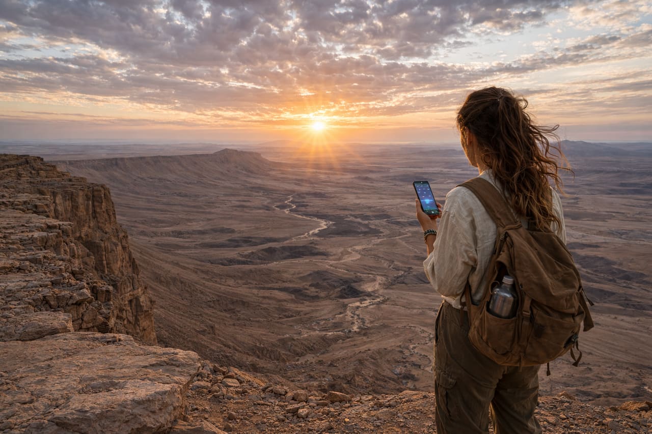 Il Cratere Ramon e un viaggiatore che usa uno smartphone con eSIM sullo sfondo del paesaggio desertico