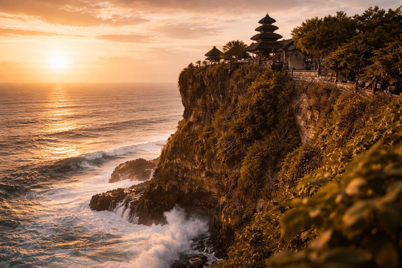 Tempio di Uluwatu sulla scogliera sopra l’oceano nella golden hour