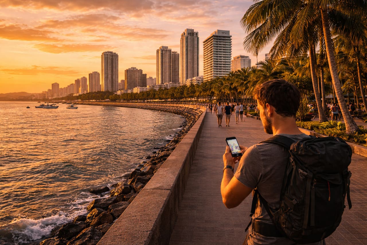 La città di Cebu con edifici moderni e la costa delle Filippine.
