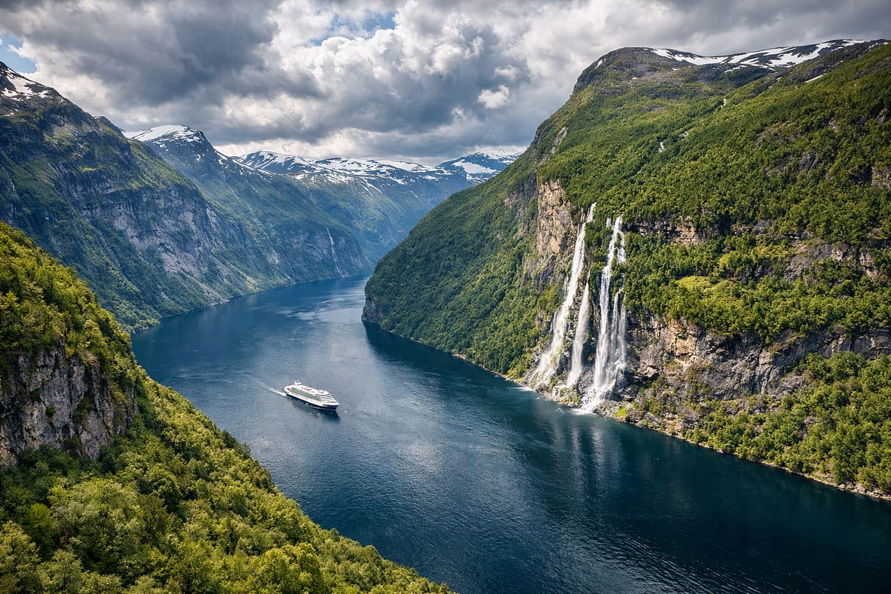 Fiordo di Geiranger in Norvegia – panorama del fiordo con cascate e nave da crociera tra le montagne
