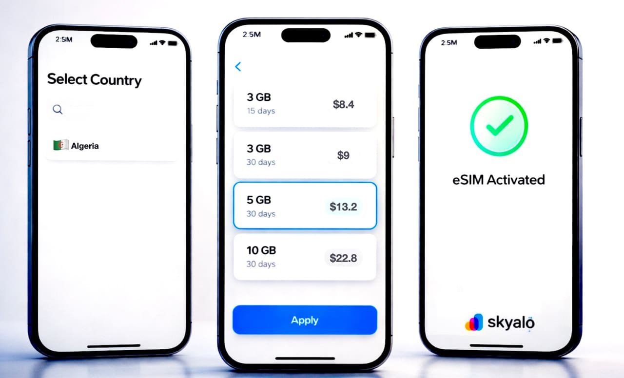 Scelta della tariffa eSIM per l’Algeria nell’app Skyalo e conferma dell’attivazione sullo smartphone