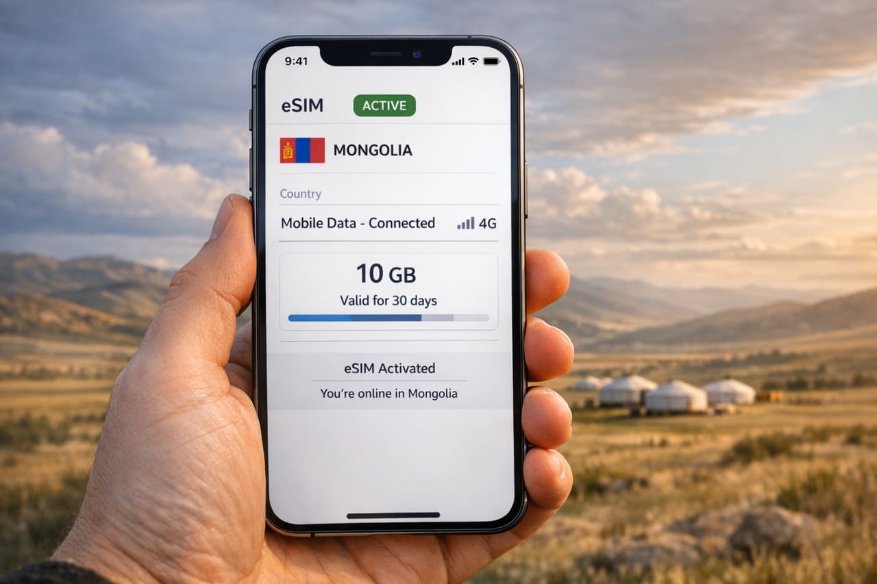 Смартфон с активированной eSIM для Монголии на экране на фоне степного пейзажа