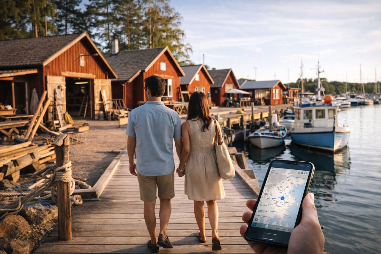 Edifici rossi in legno del quartiere Sjökvarteret a Mariehamn e viaggiatori con eSIM sul pontile