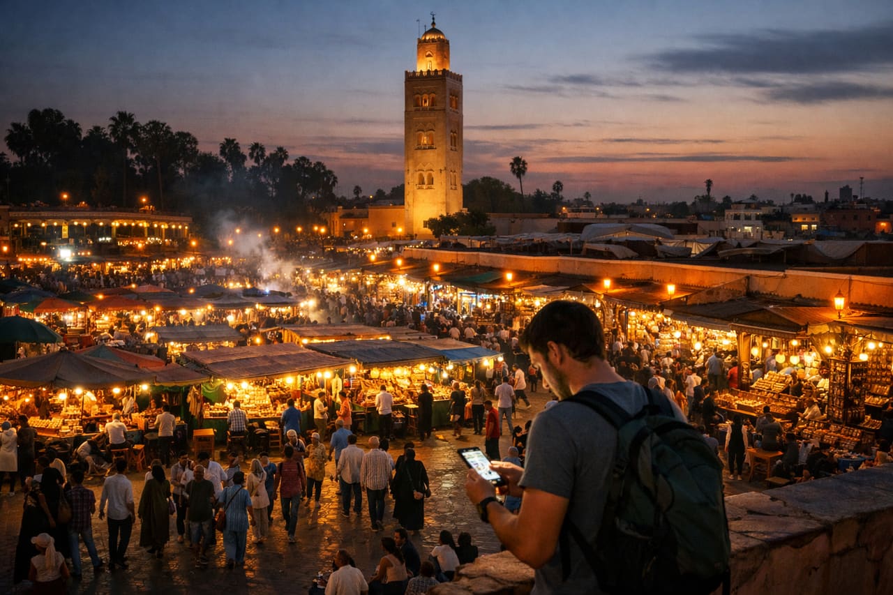 Piazza Jemaa el-Fna a Marrakech di sera.