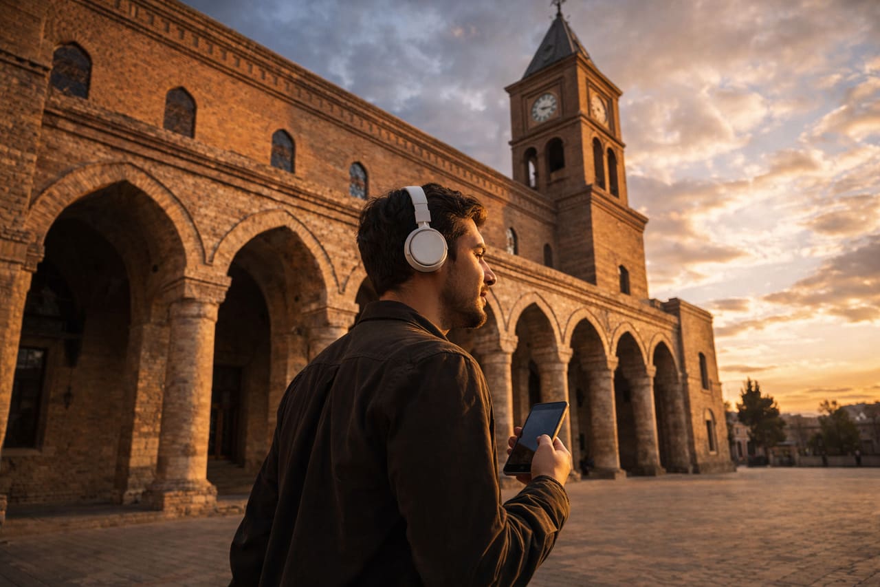 Giovane uomo di profilo cammina in una piazza a Ganja sullo sfondo di un monumentale edificio storico con archi e torre dell’orologio; indossa cuffie wireless e tiene lo smartphone sul petto: si vede solo il sottile bordo metallico della scocca.
