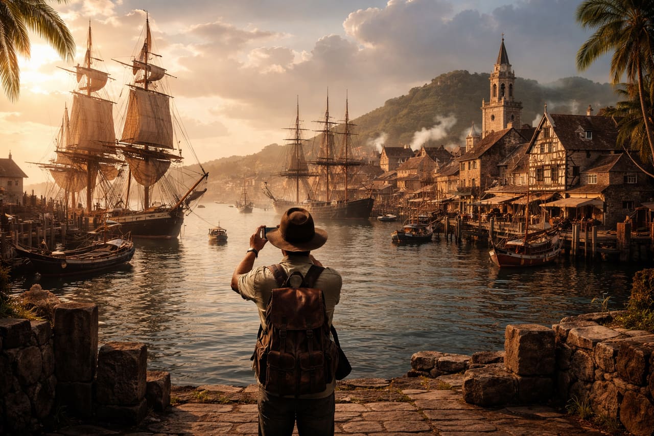 Porto storico di Port Royal: un viaggiatore sullo sfondo fotografa con lo smartphone