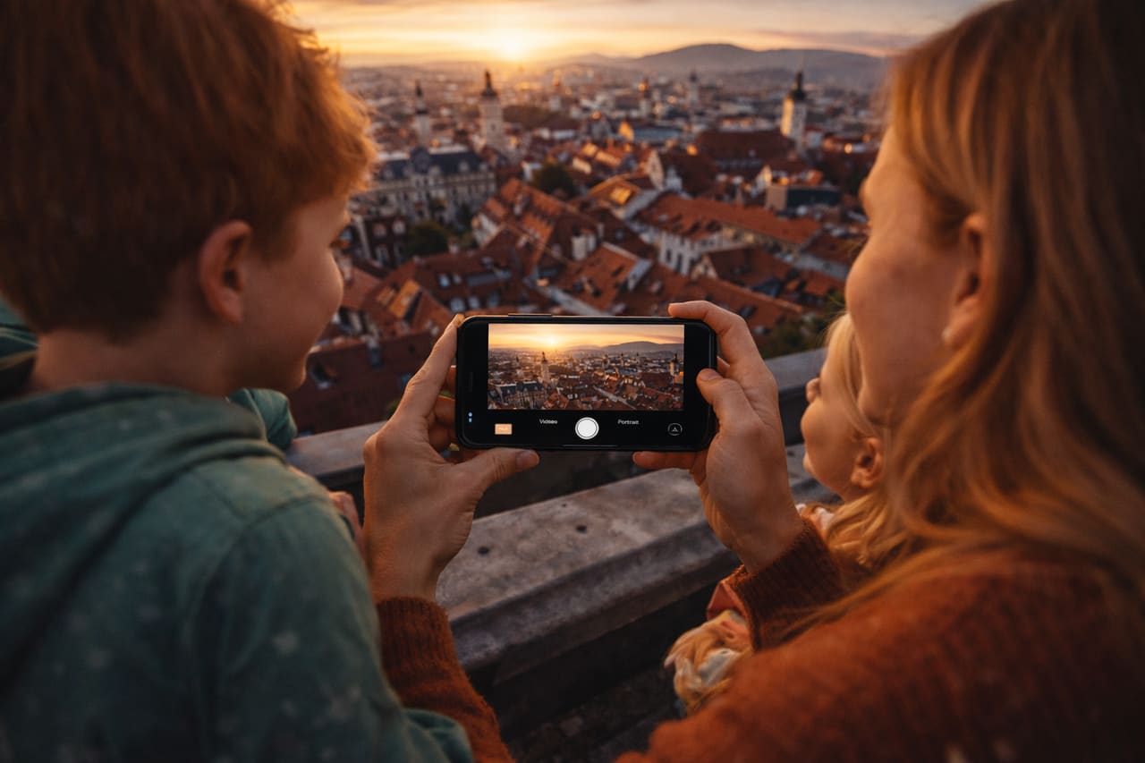 Foto del centro storico di Graz con uno smartphone con eSIM per viaggiare in Austria