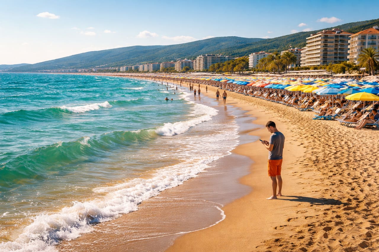 La spiaggia di Sunny Beach in Bulgaria e turisti che usano internet eSIM sul mare