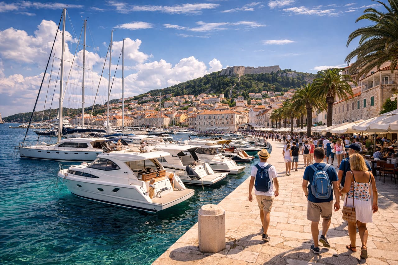 Der Hafen der Insel Hvar mit Yachten und historischer Stadt