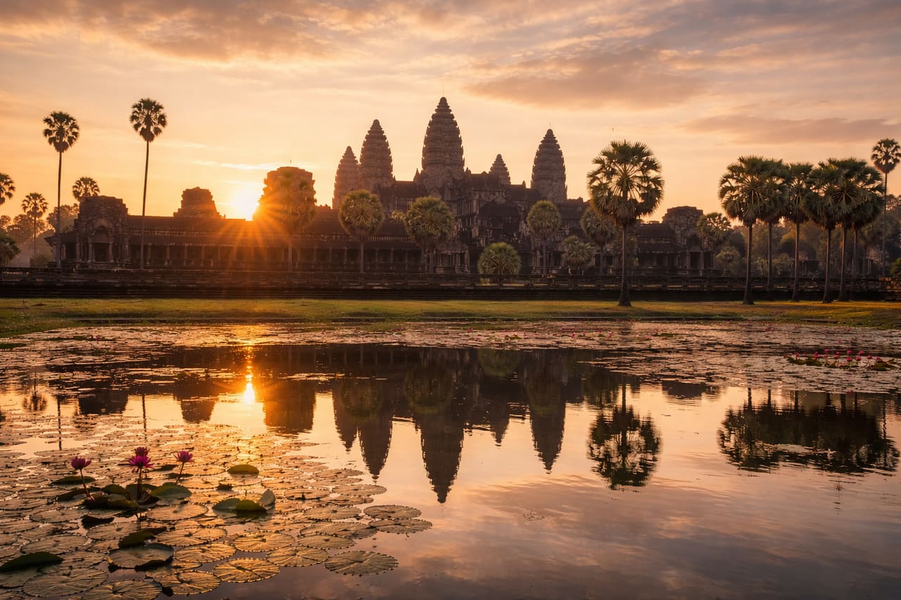 Angkor Wat all’alba con riflesso nell’acqua