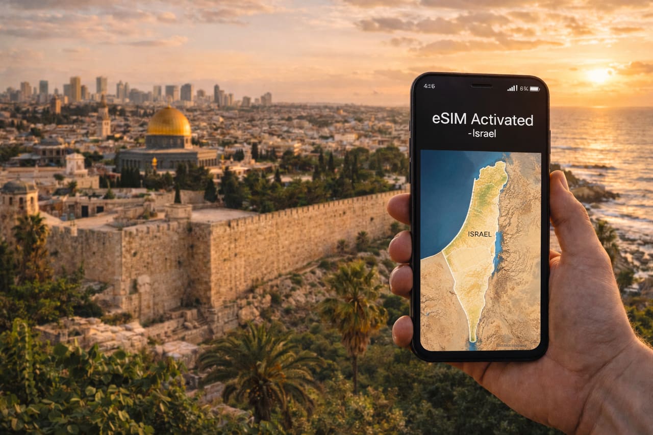 Smartphone con eSIM attiva sullo sfondo di Gerusalemme e della costa di Tel Aviv in Israele