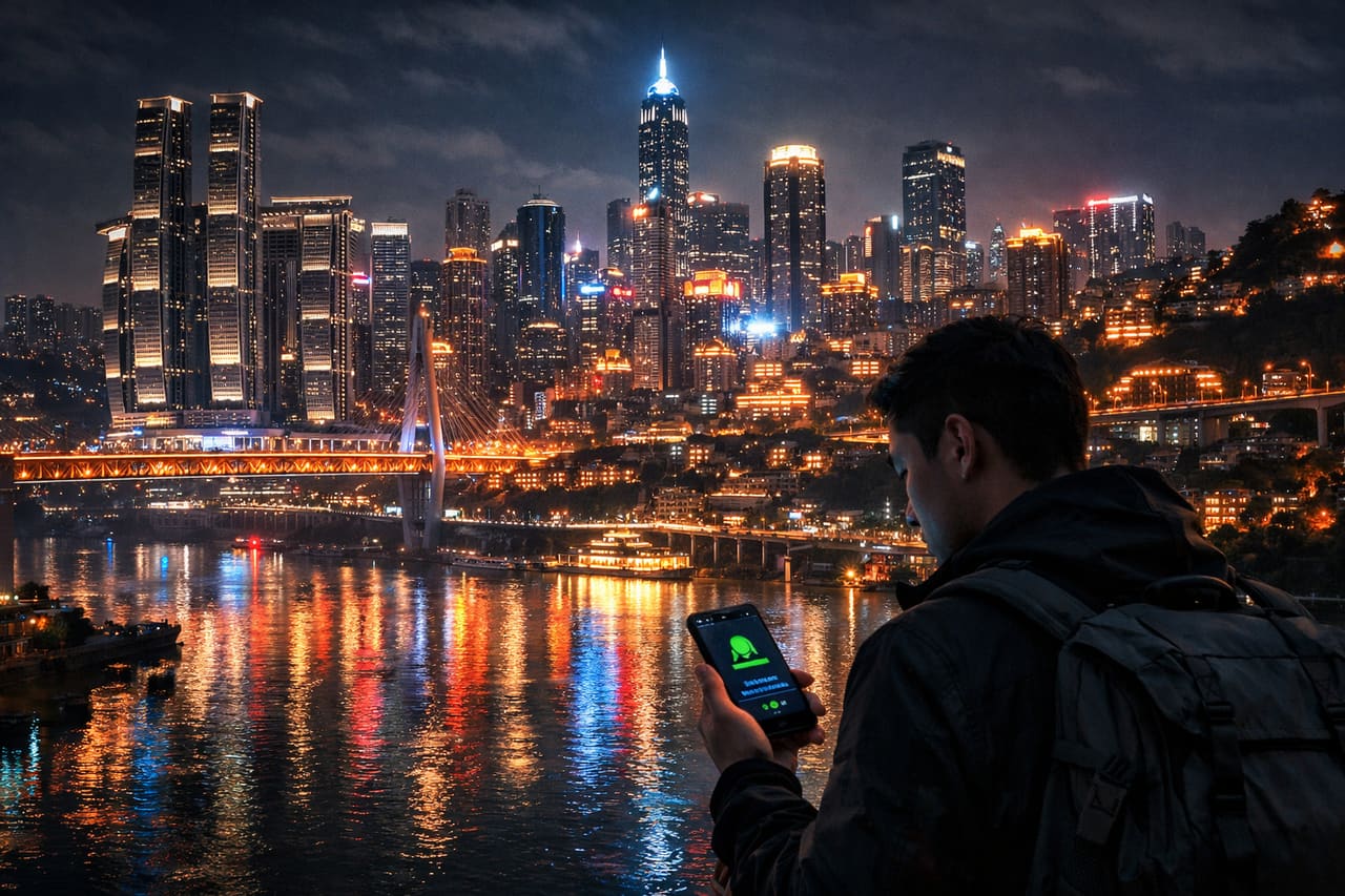 La metropoli futuristica di Chongqing di notte e un turista con lo smartphone con eSIM