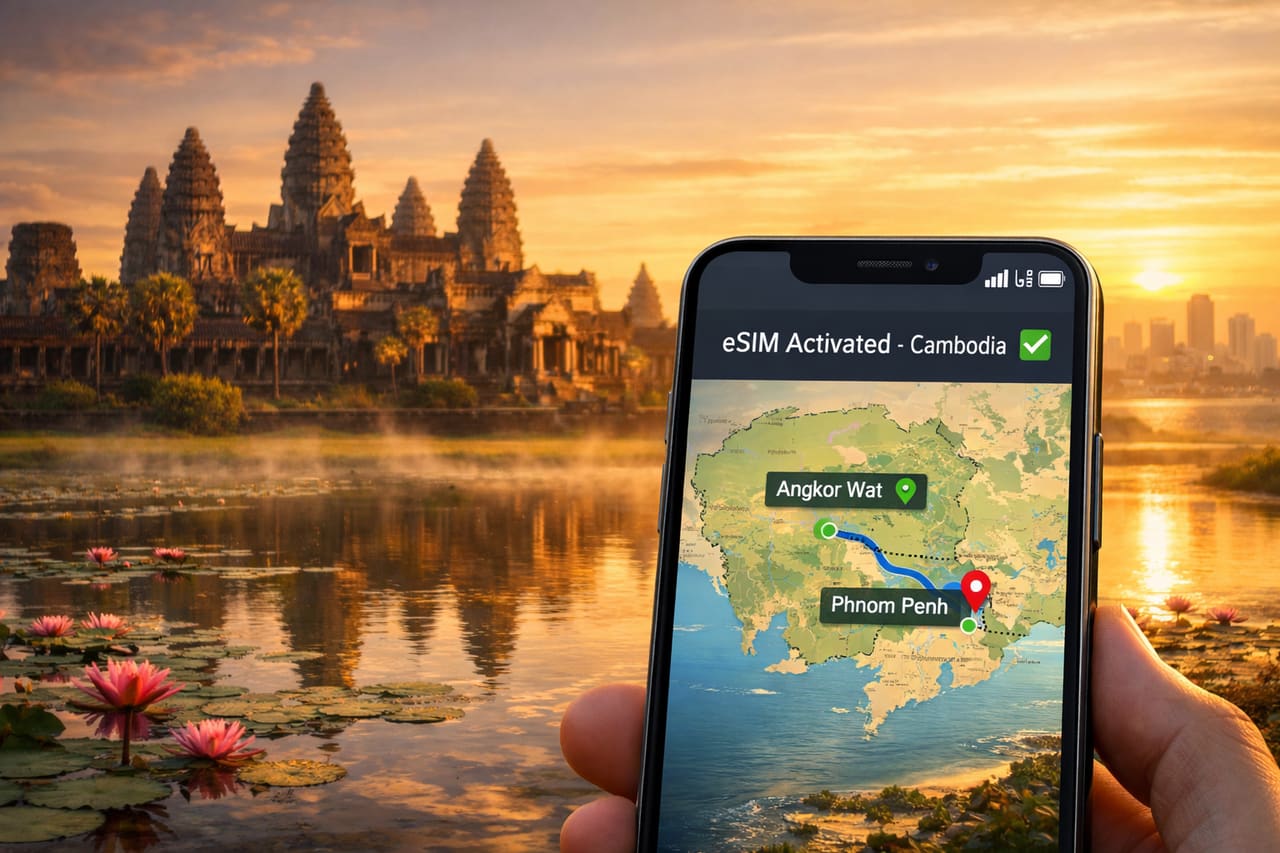 Smartphone con eSIM attiva sullo sfondo di Angkor Wat all’alba e panorami della Cambogia