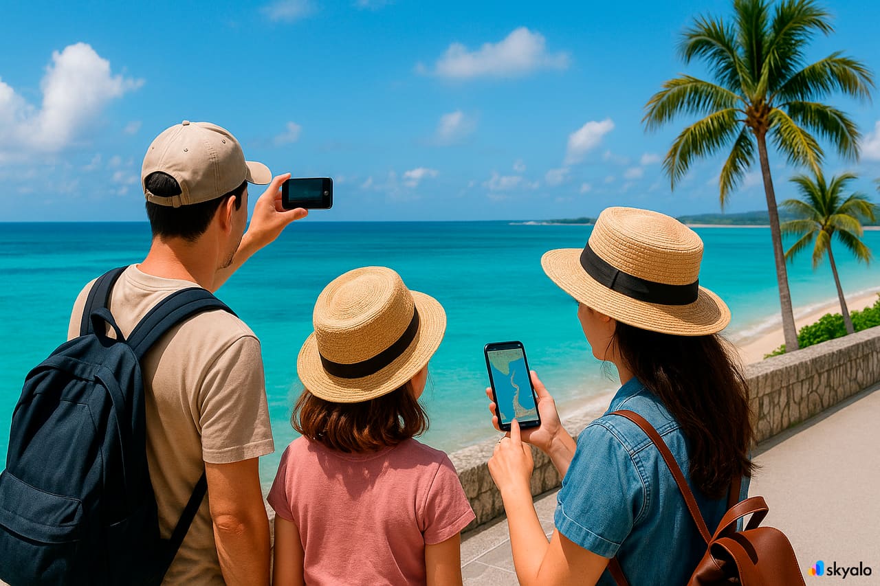 Family photographing Okinawa’s Churaumi coastline; turquoise waters, palm trees, and beach routes on their phone