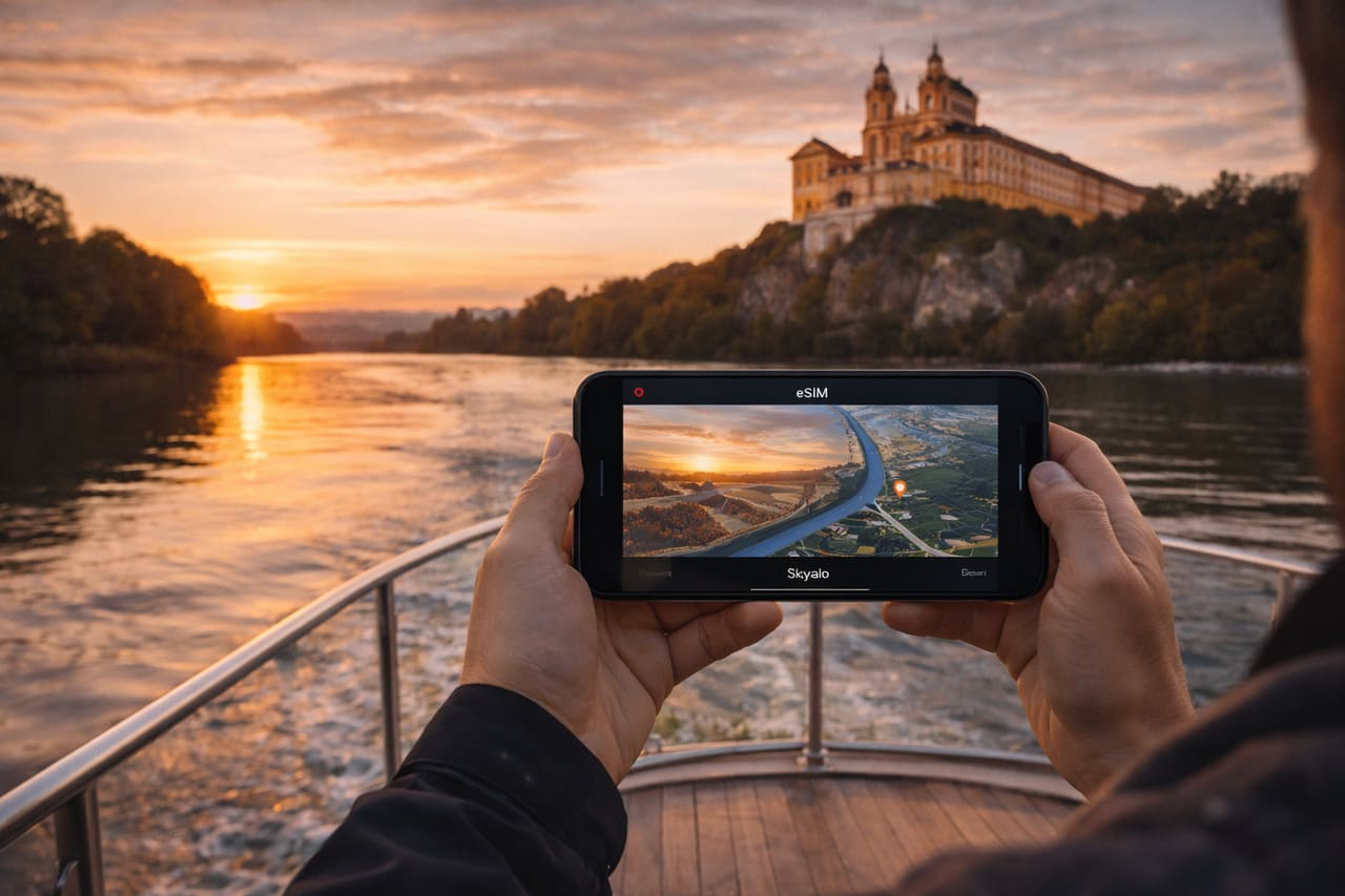 Navigazione sul Danubio vicino all’Abbazia di Melk tramite smartphone con eSIM