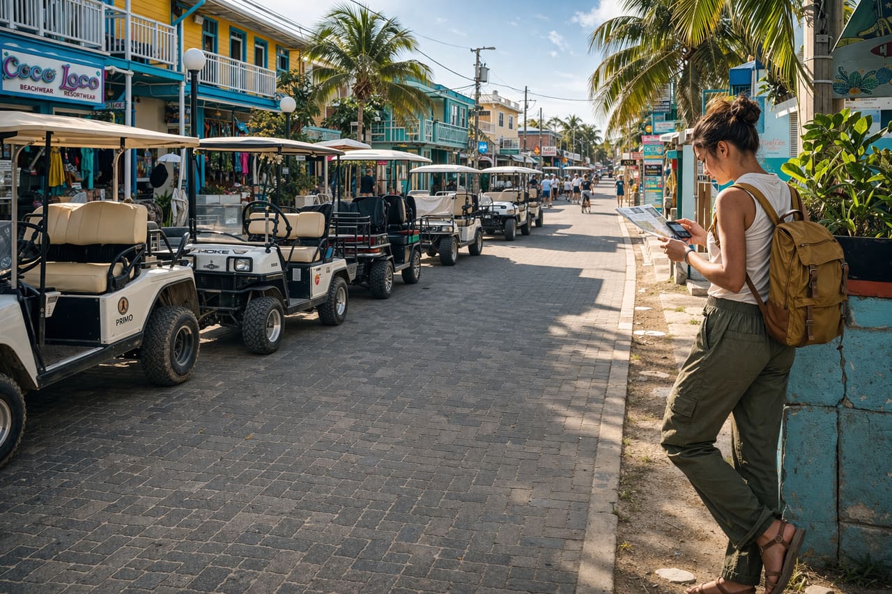 Le strade di San Pedro con i golf cart e un turista che guarda la mappa sul telefono