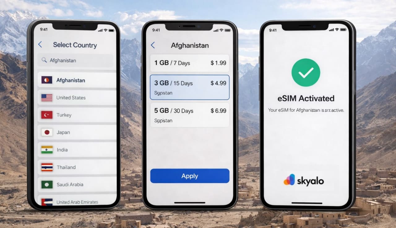 Tre smartphone sullo sfondo delle montagne dell’Afghanistan con scelta del piano e attivazione eSIM