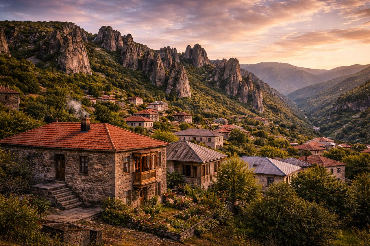 Case in pietra di Goris sullo sfondo delle montagne