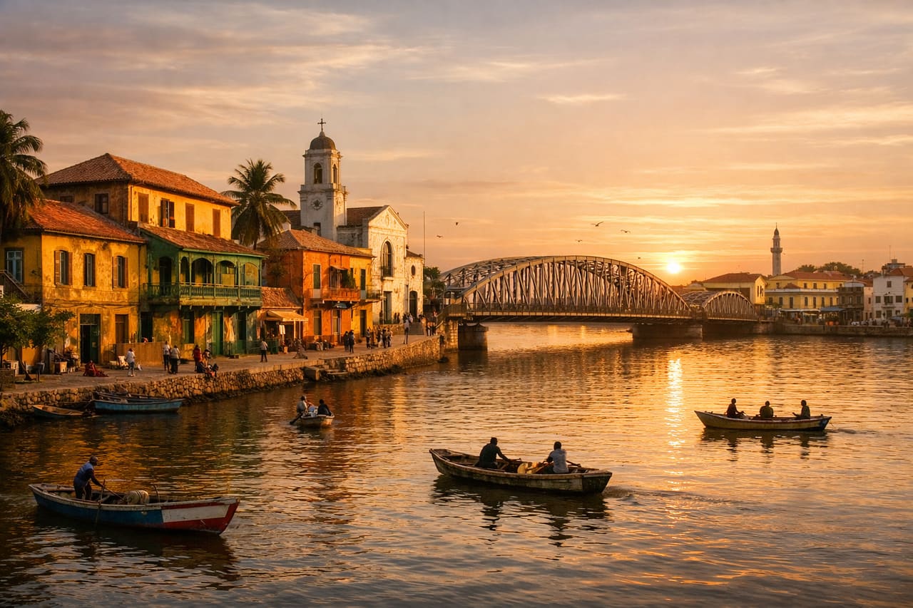 Architettura coloniale della città di Saint-Louis e ponte Faidherbe.