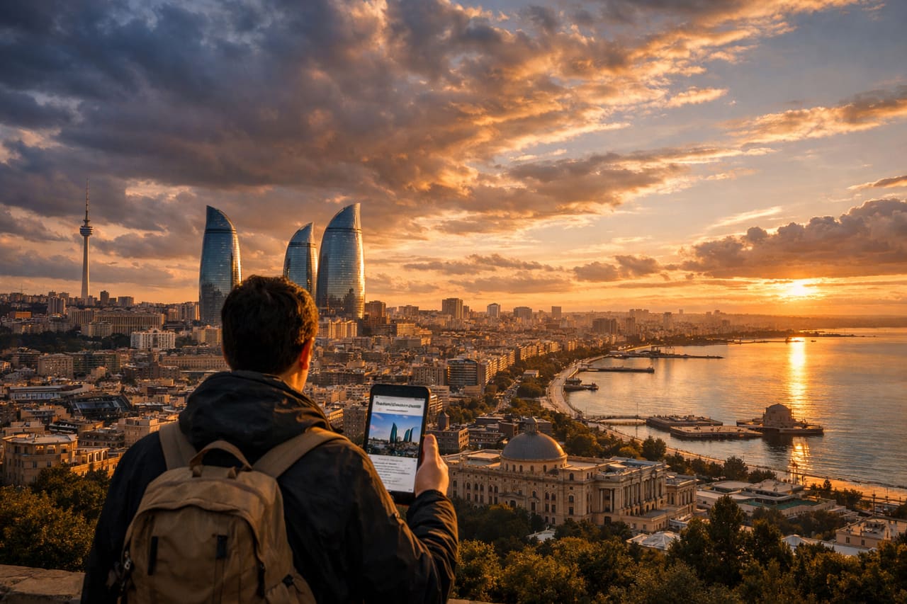 Viaggiatore di spalle guarda il panorama di Baku al tramonto: all’orizzonte dominano le Flame Towers, davanti il Mar Caspio; in mano uno smartphone con un longform aperto sull’architettura della città.