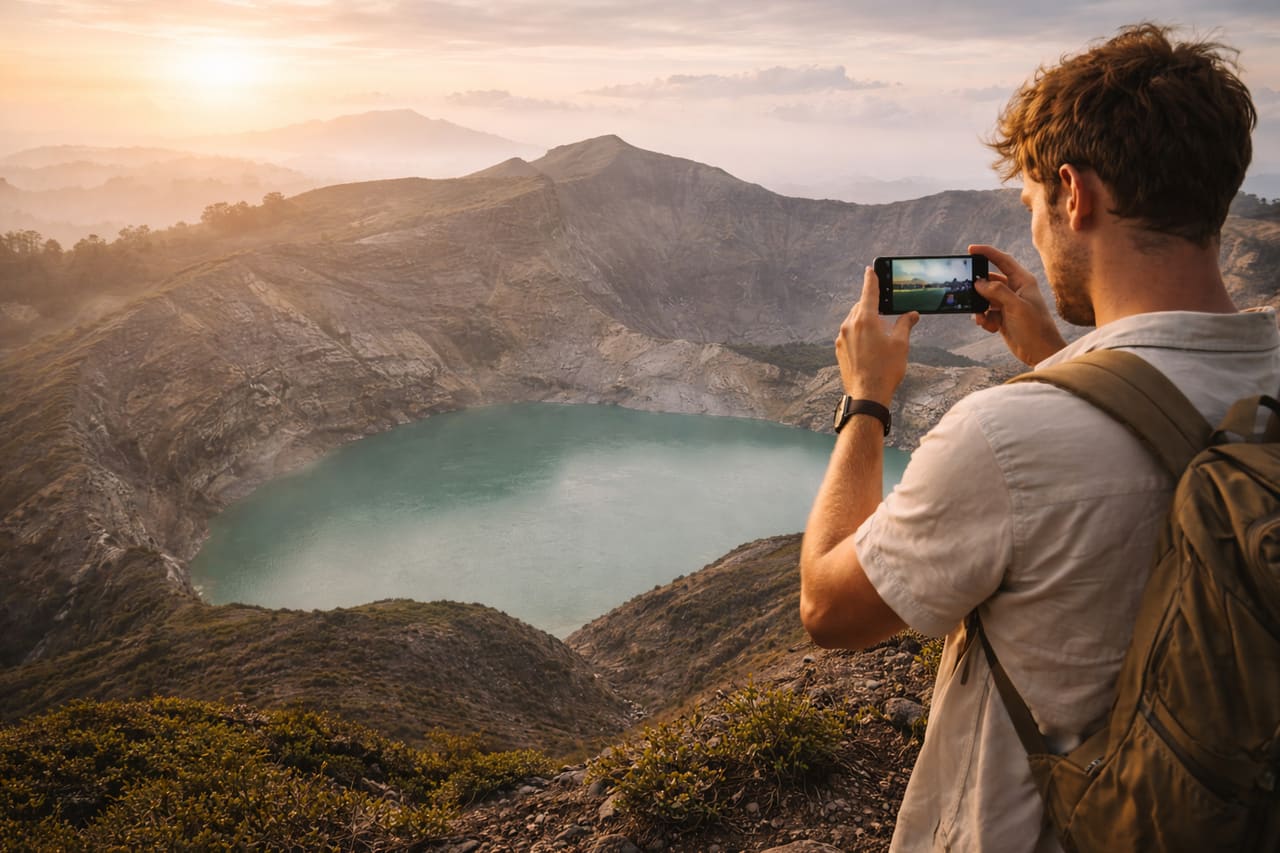 Laghi di Kelimutu e un blogger con lo smartphone