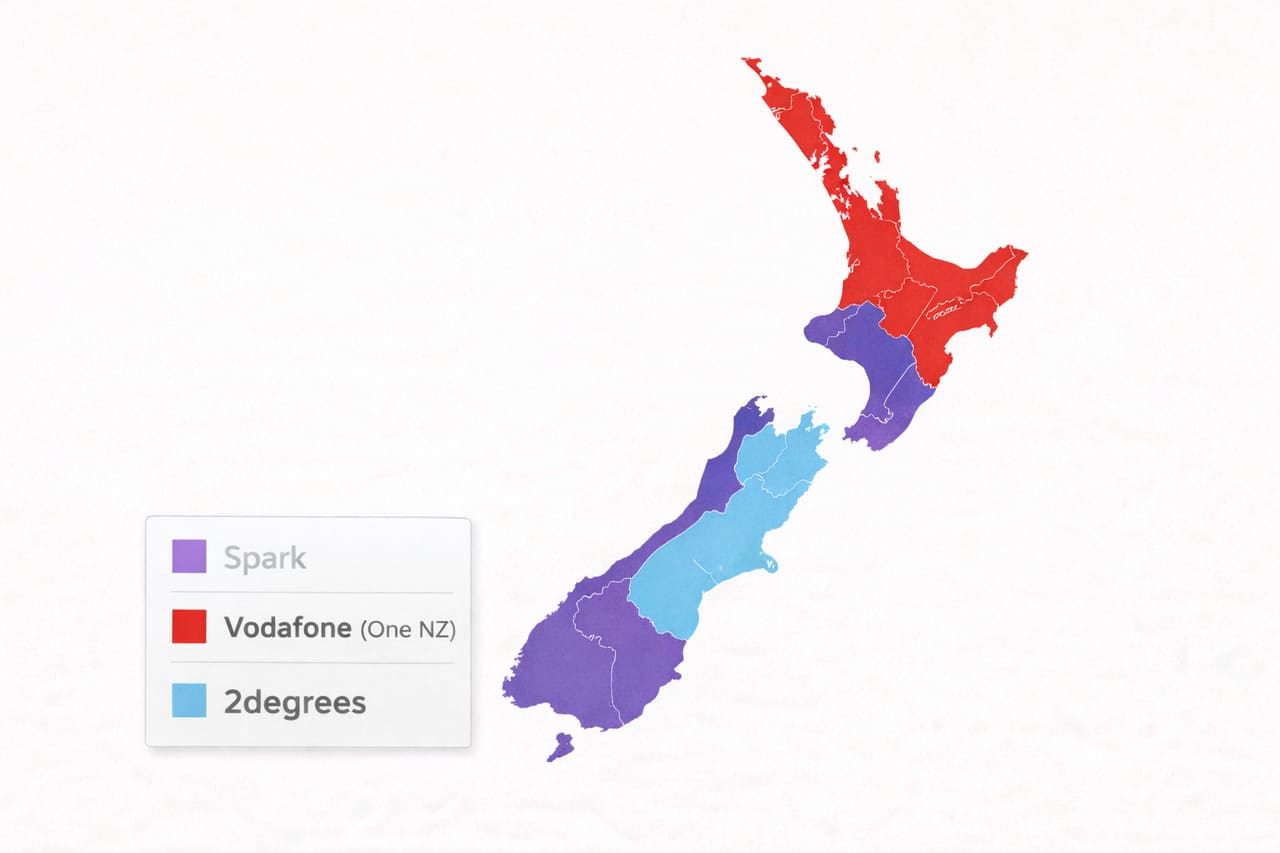 Карта покрытия мобильных операторов в Новой Зеландии с выделением сетей Spark, Vodafone (One NZ) и 2degrees разными цветами