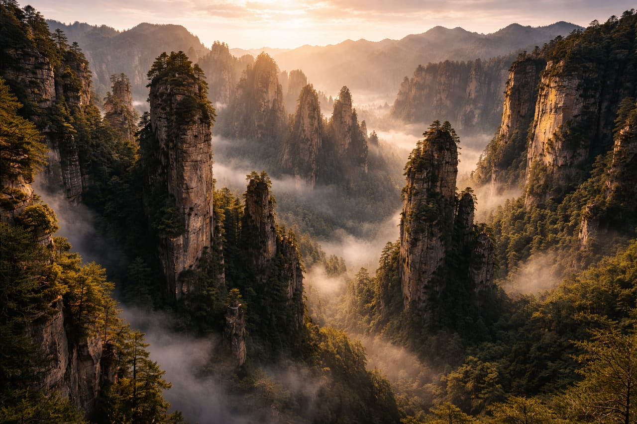 Le montagne di Zhangjiajie con colonne di pietra tra le nuvole