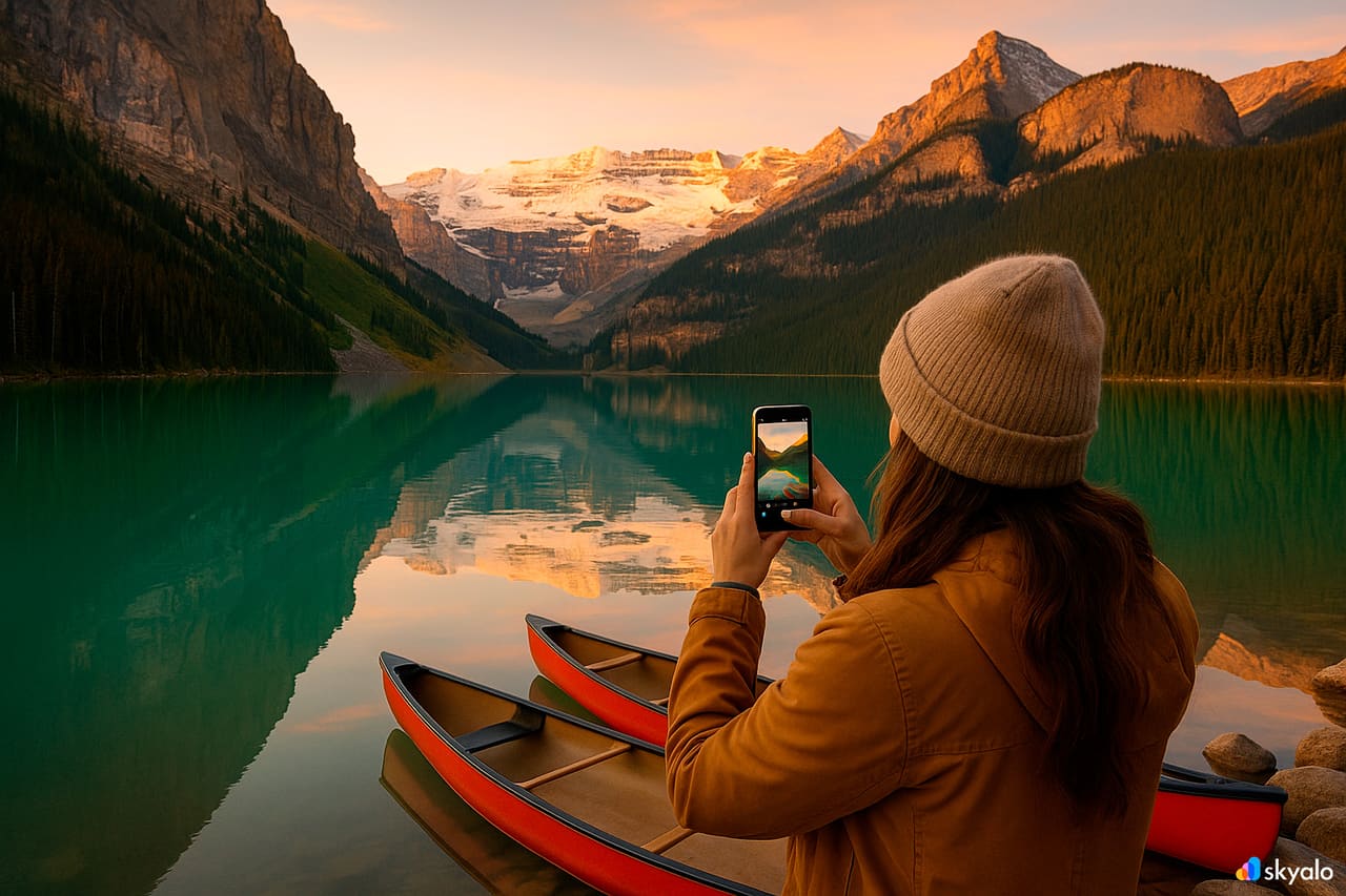 Donna che fotografa Moraine Lake all’alba; riflessi turchesi e cime appuntite specchiate nell’acqua