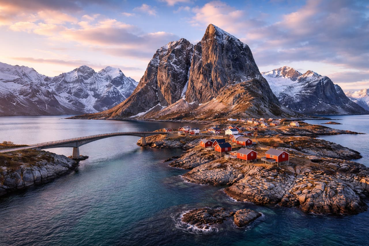 Ponte di Hamnøy alle Lofoten – panorama di montagne e villaggio di pescatori
