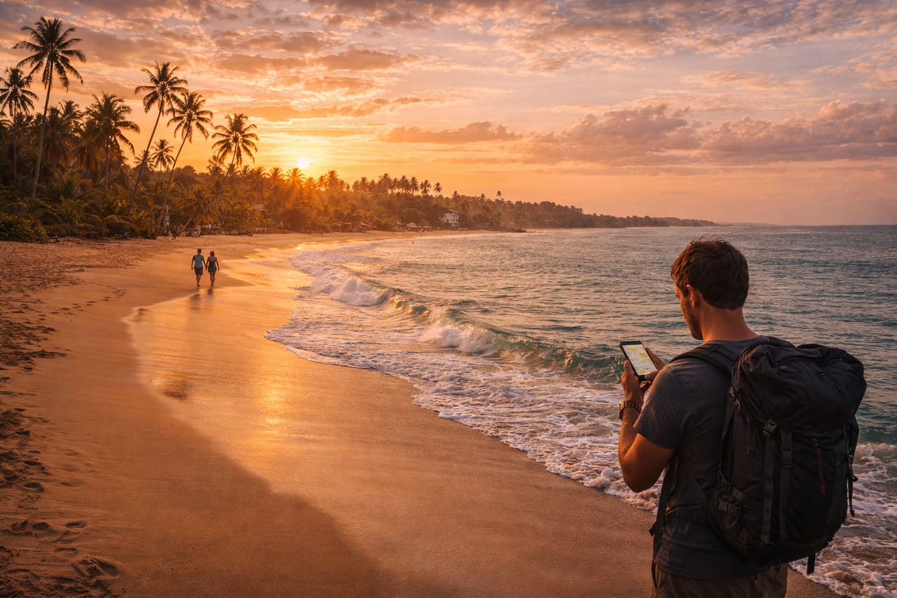 La spiaggia di Bentota con palme e acqua turchese dell’Oceano Indiano sulla costa ovest dello Sri Lanka.