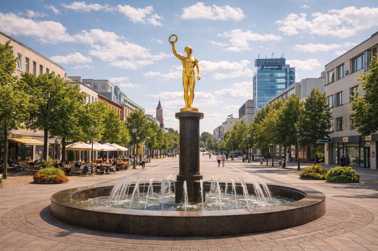 Piazza centrale di Šiauliai con la statua del Ragazzo d’oro