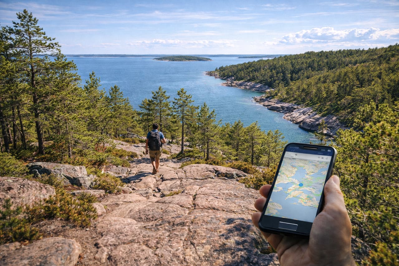 Parco nazionale delle Isole Åland con scogliere di granito, pini e turista con smartphone con eSIM