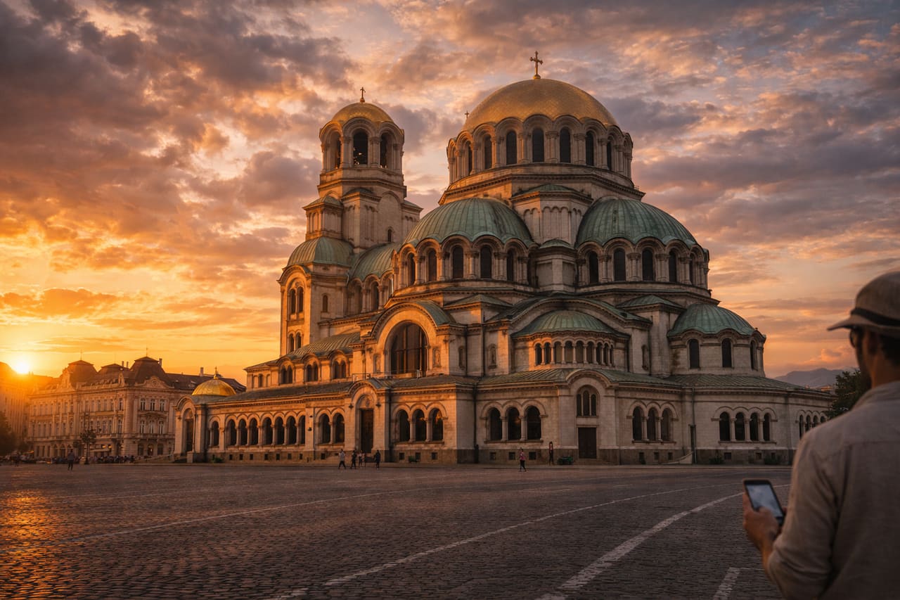 La Cattedrale di Aleksandr Nevskij a Sofia all’alba e turisti che esplorano la città usando internet eSIM