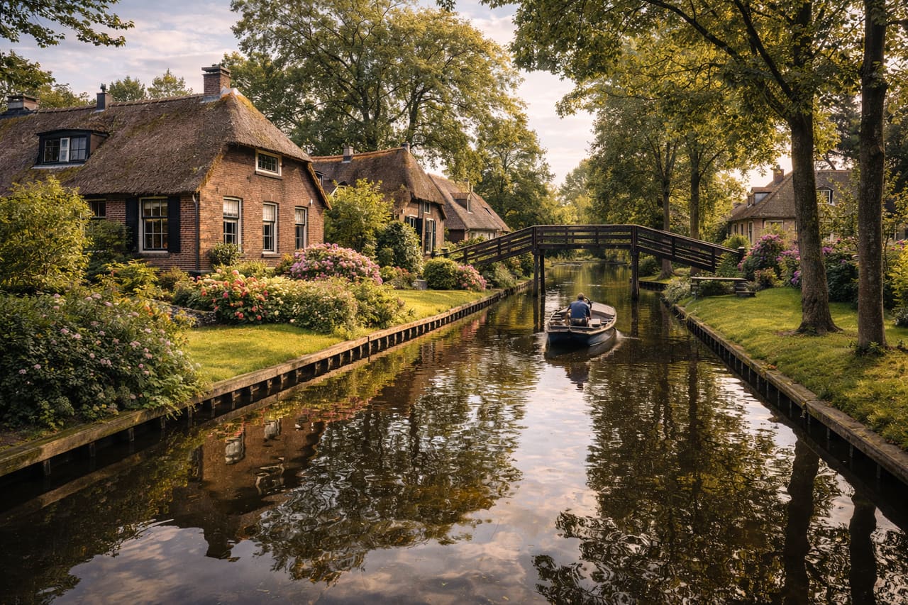 Un canale a Giethoorn con case dai tetti di paglia