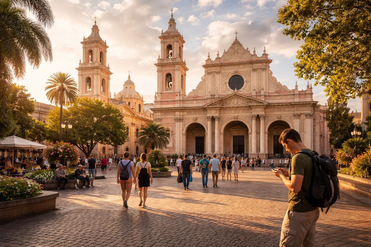 Plaza 9 de Julio a Salta e turista che cerca un café online con eSIM