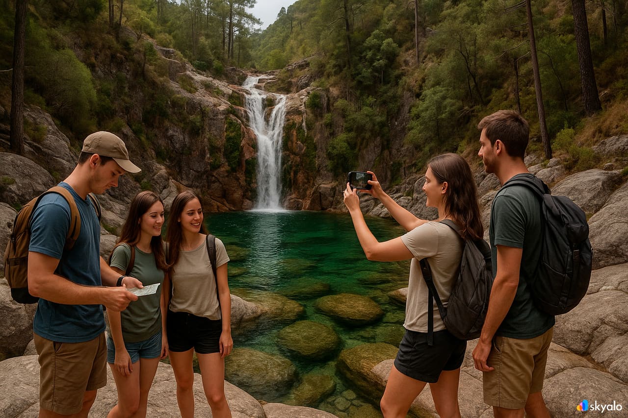 Amici che fotografano una cascata a Peneda-Gerês; pozze di granito dall’acqua limpida