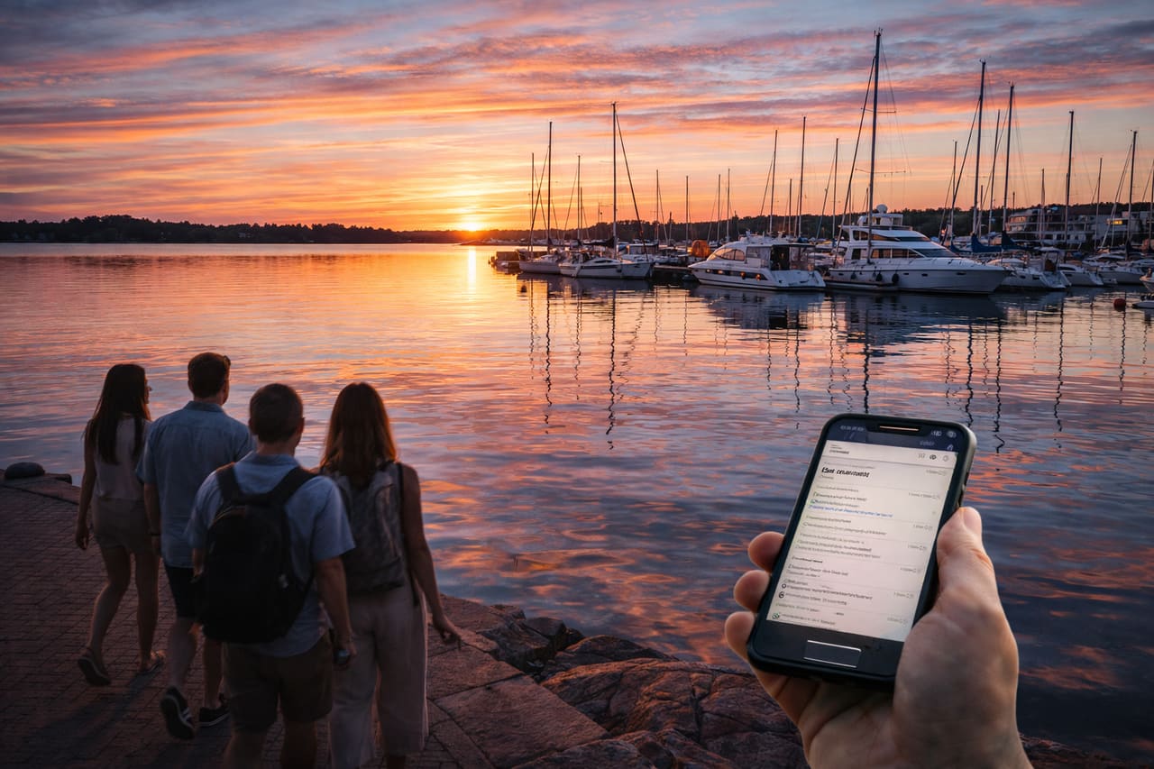 Sera nel porto di Mariehamn con yacht e turisti che usano smartphone con eSIM